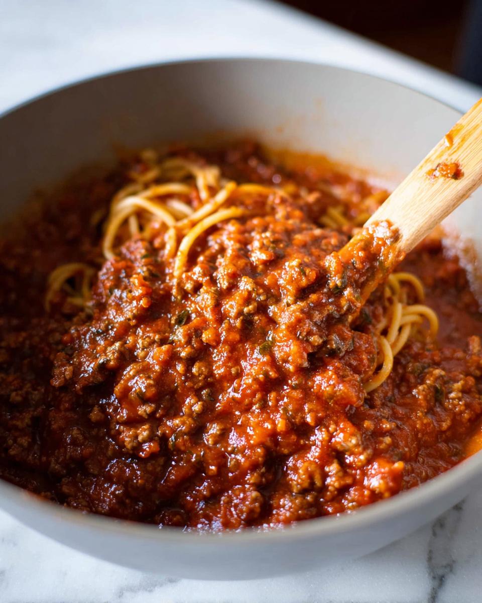Close-up of Classic Spaghetti with Meat Sauce being served with a wooden spoon from a bowl.