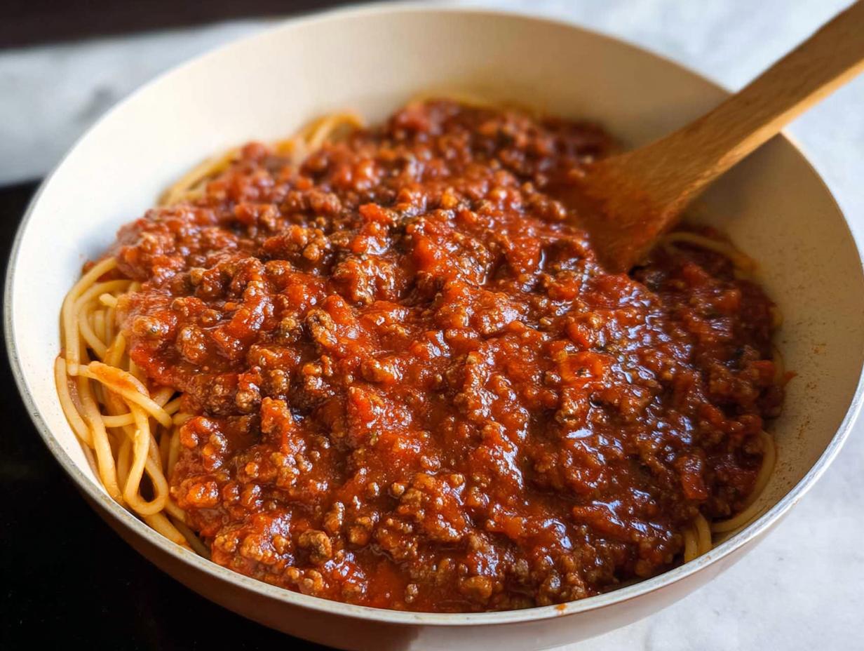 A close-up of Classic Spaghetti with Meat Sauce being stirred with a wooden spoon in a pan.