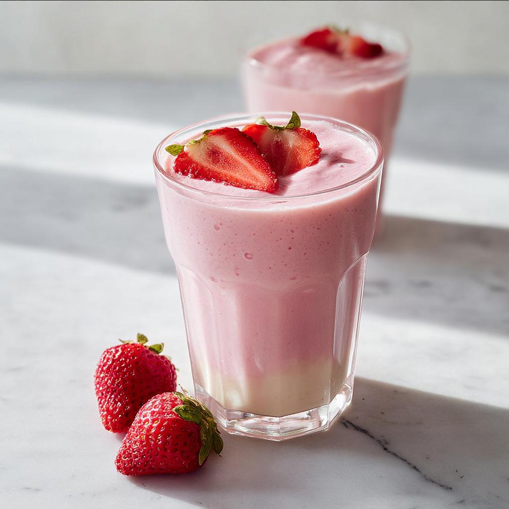 A tall glass of pink Strawberry Banana Smoothie topped with fresh strawberry slices.
