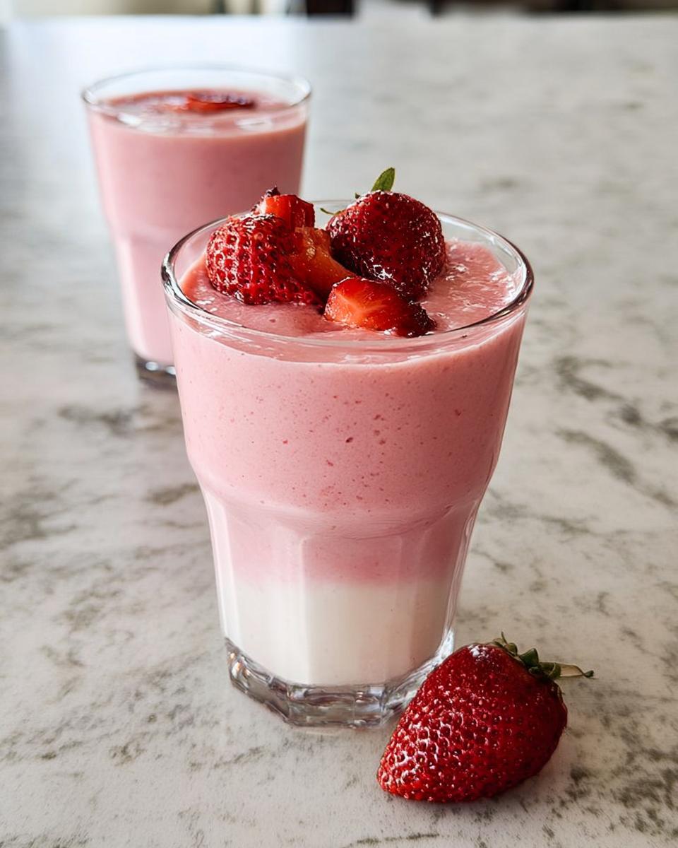 Two glasses of layered Strawberry Banana Smoothie, topped with fresh strawberries, on a marble counter.