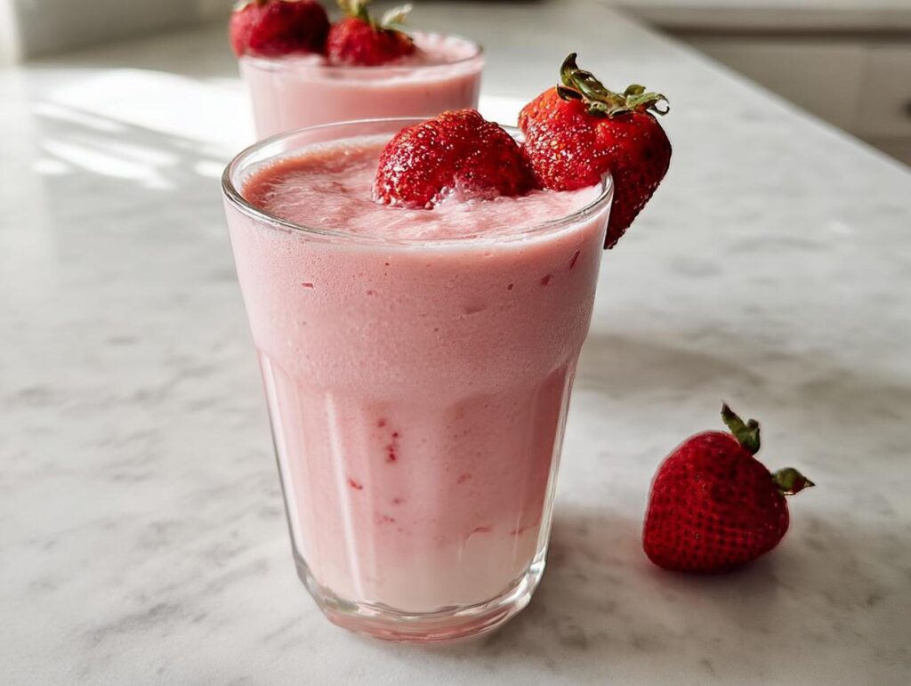 Close-up of a refreshing Strawberry Banana Smoothie garnished with fresh strawberries on a white marble counter.