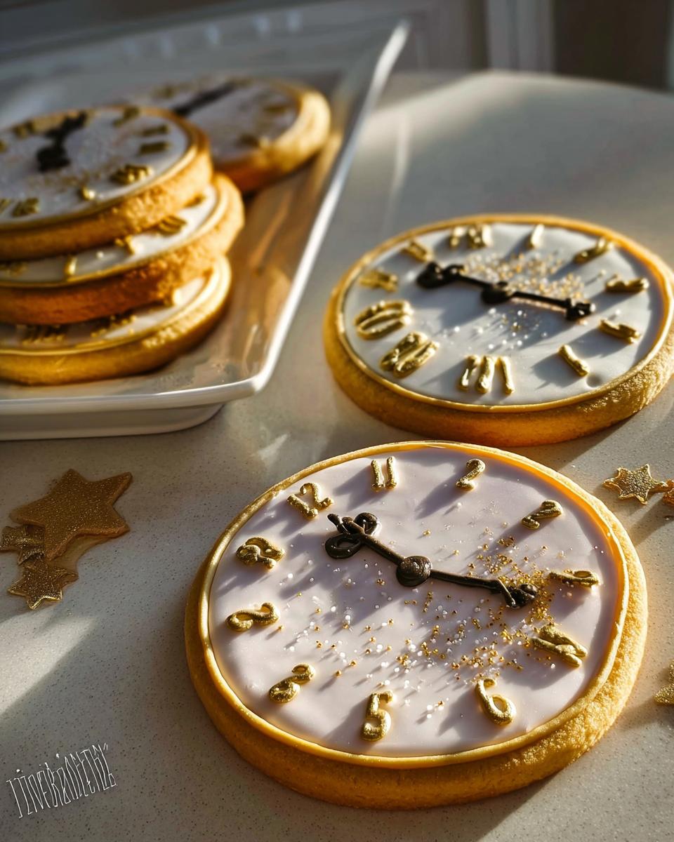 Two decorated Clock Face Countdown Cookies featuring white icing, gold numbers, and black hands, with gold sprinkles.