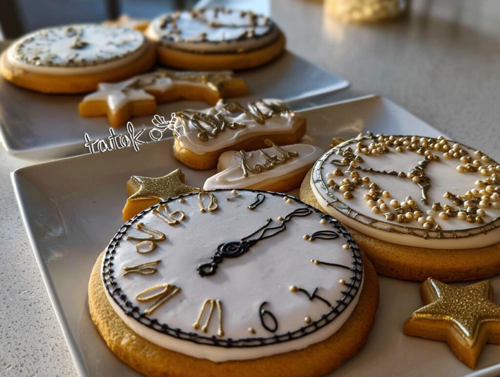 Close-up of decorated Clock Face Countdown Cookies featuring white icing, black hands, and gold accents, served on white plates.