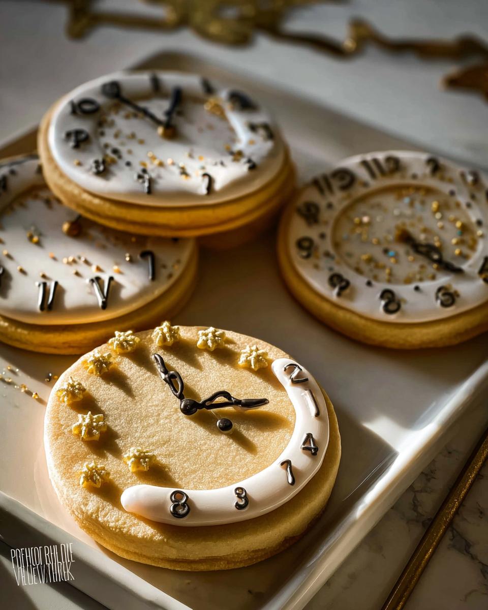 Four beautifully decorated Clock Face Countdown Cookies resembling antique clocks, displayed on a white platter.