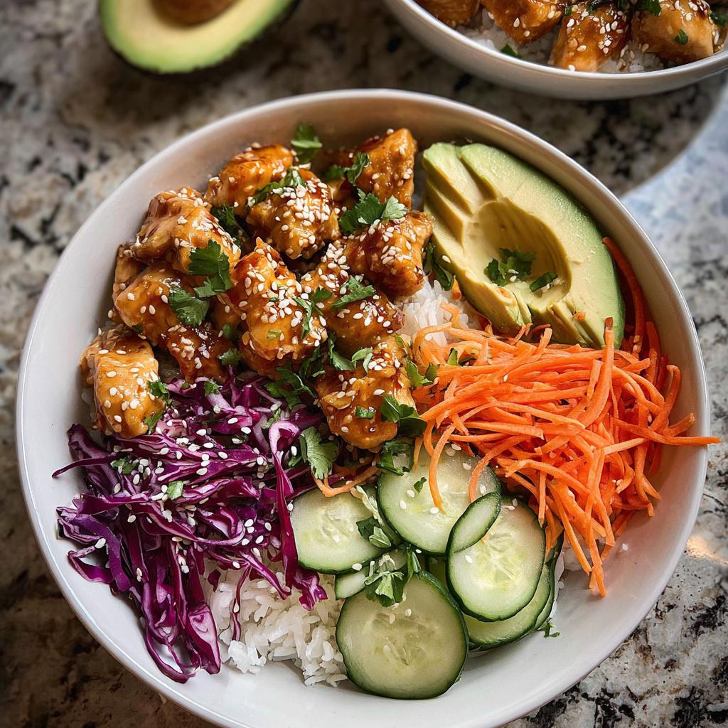 A vibrant Bang Bang Chicken Bowl featuring saucy chicken pieces over rice, topped with avocado, shredded carrots, cucumber, and red cabbage.