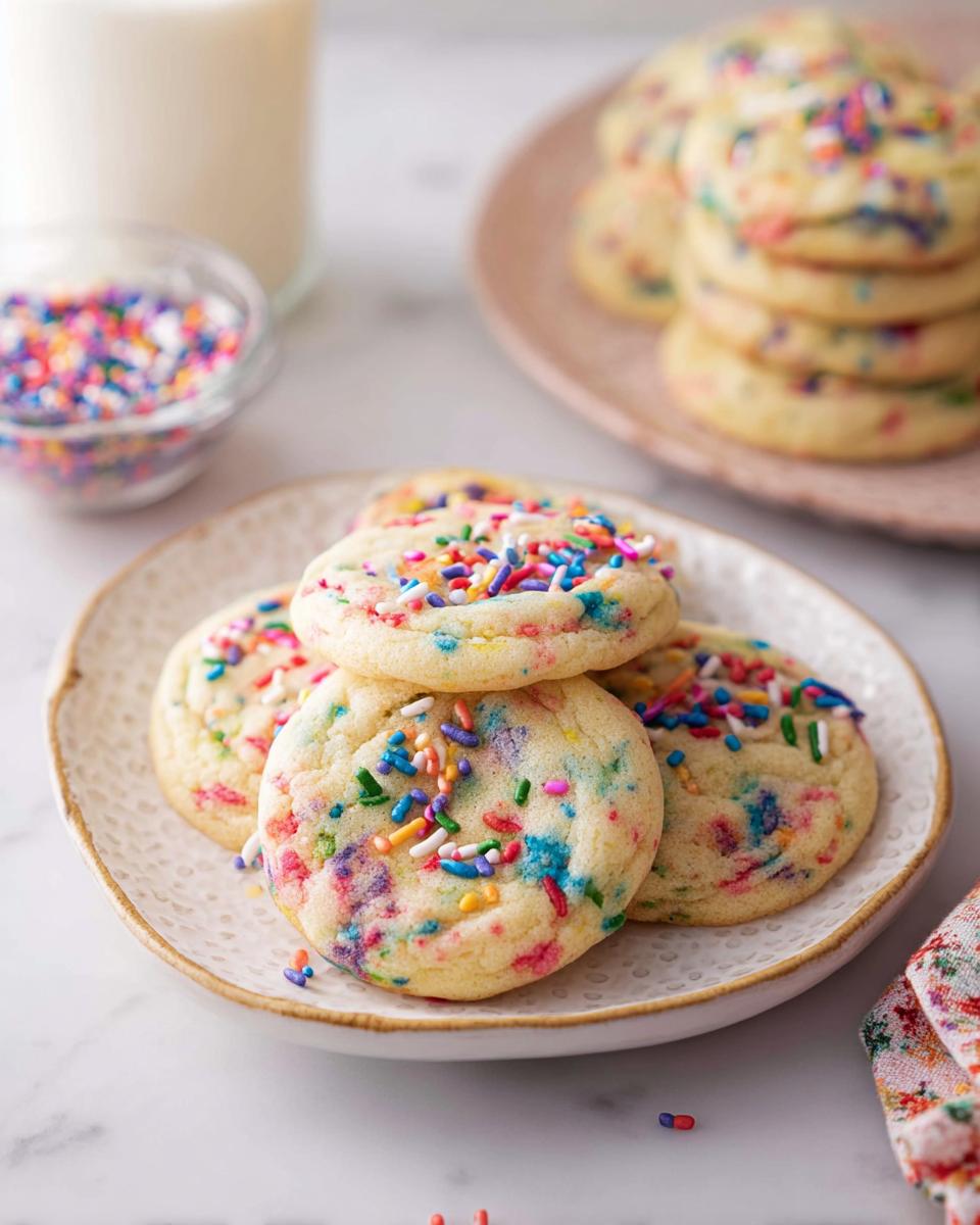 A stack of soft, chewy Confetti Sprinkle Cookies loaded with colorful sprinkles on a white plate.