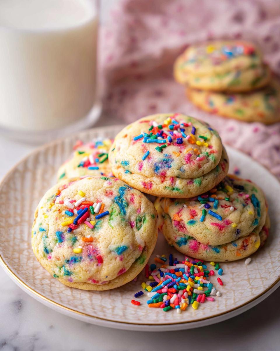 A stack of soft, chewy Confetti Sprinkle Cookies loaded with colorful sprinkles, served on a plate next to a glass of milk.