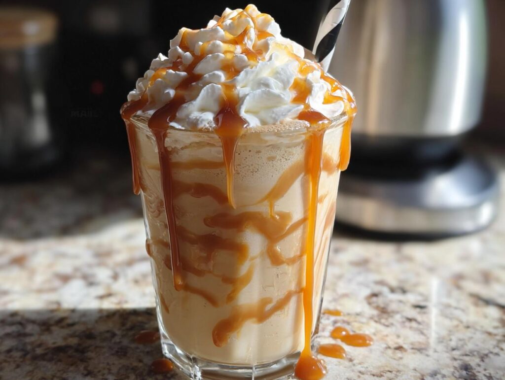 A tall glass filled with a blended Caramel Frappuccino (Copycat) topped with whipped cream and drizzled with caramel sauce.