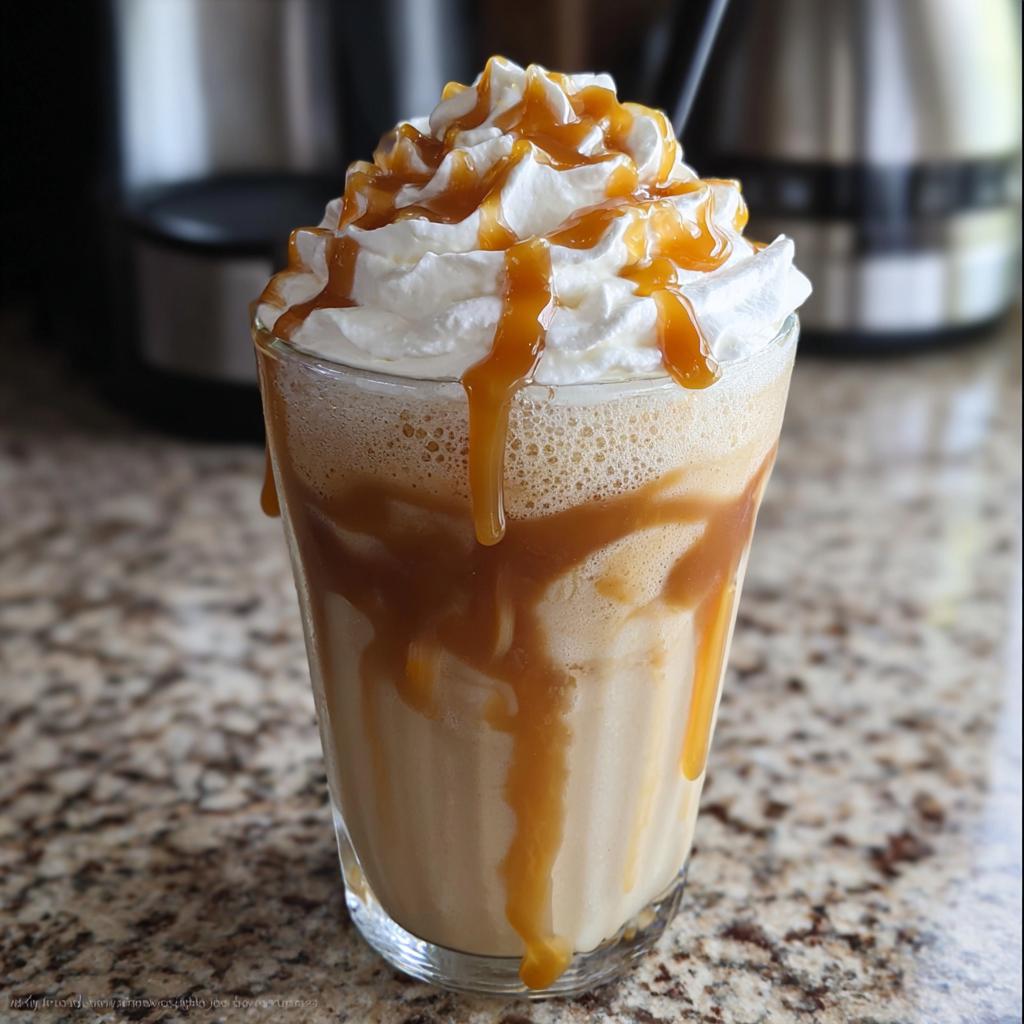 A tall glass filled with a blended Caramel Frappuccino, topped high with whipped cream and drizzled generously with caramel sauce.