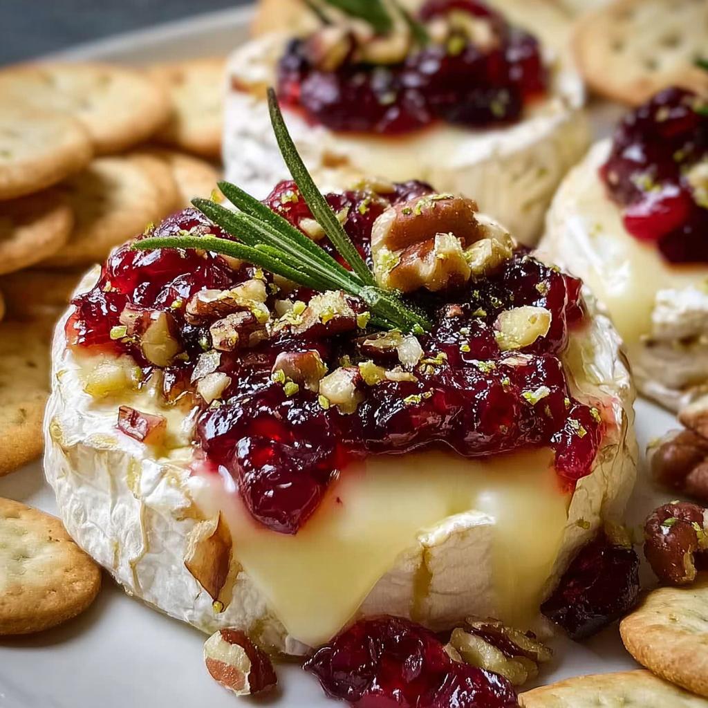 A warm, gooey wheel of Brie topped with cranberry sauce, pecans, and rosemary, served with crackers, ready to eat as Cranberry Brie Bites.