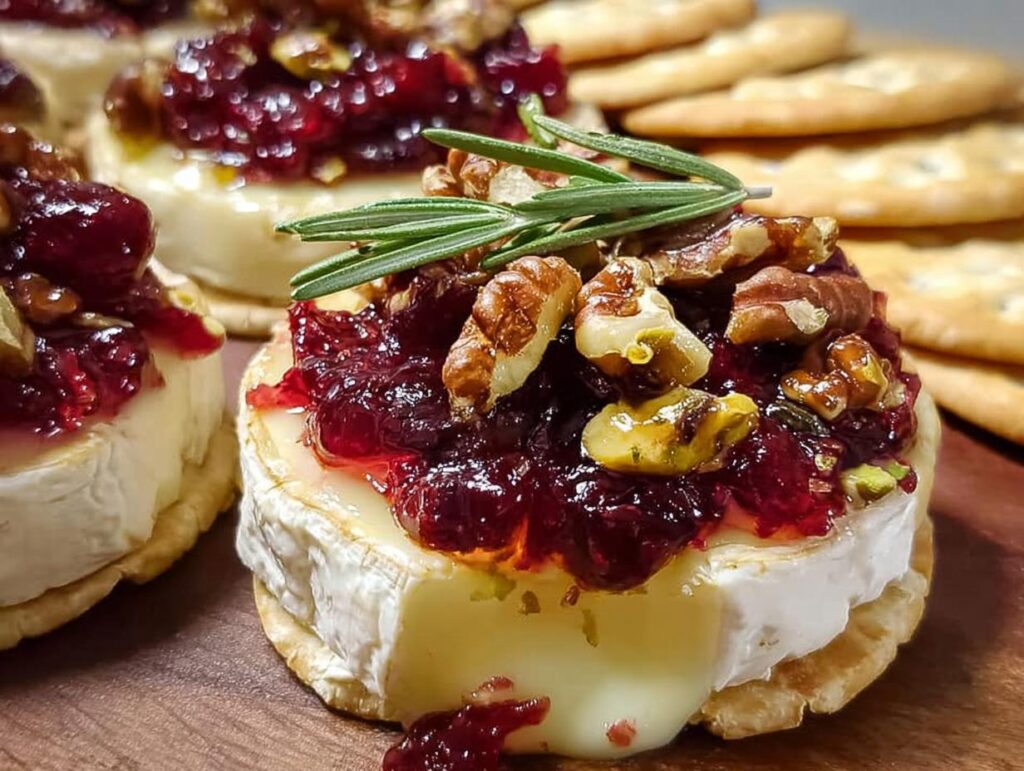 Close-up of warm Cranberry Brie Bites served on crackers, topped with cranberry sauce, pecans, and a rosemary sprig.