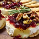 Close-up of warm Cranberry Brie Bites served on crackers, topped with cranberry sauce, pecans, and a rosemary sprig.