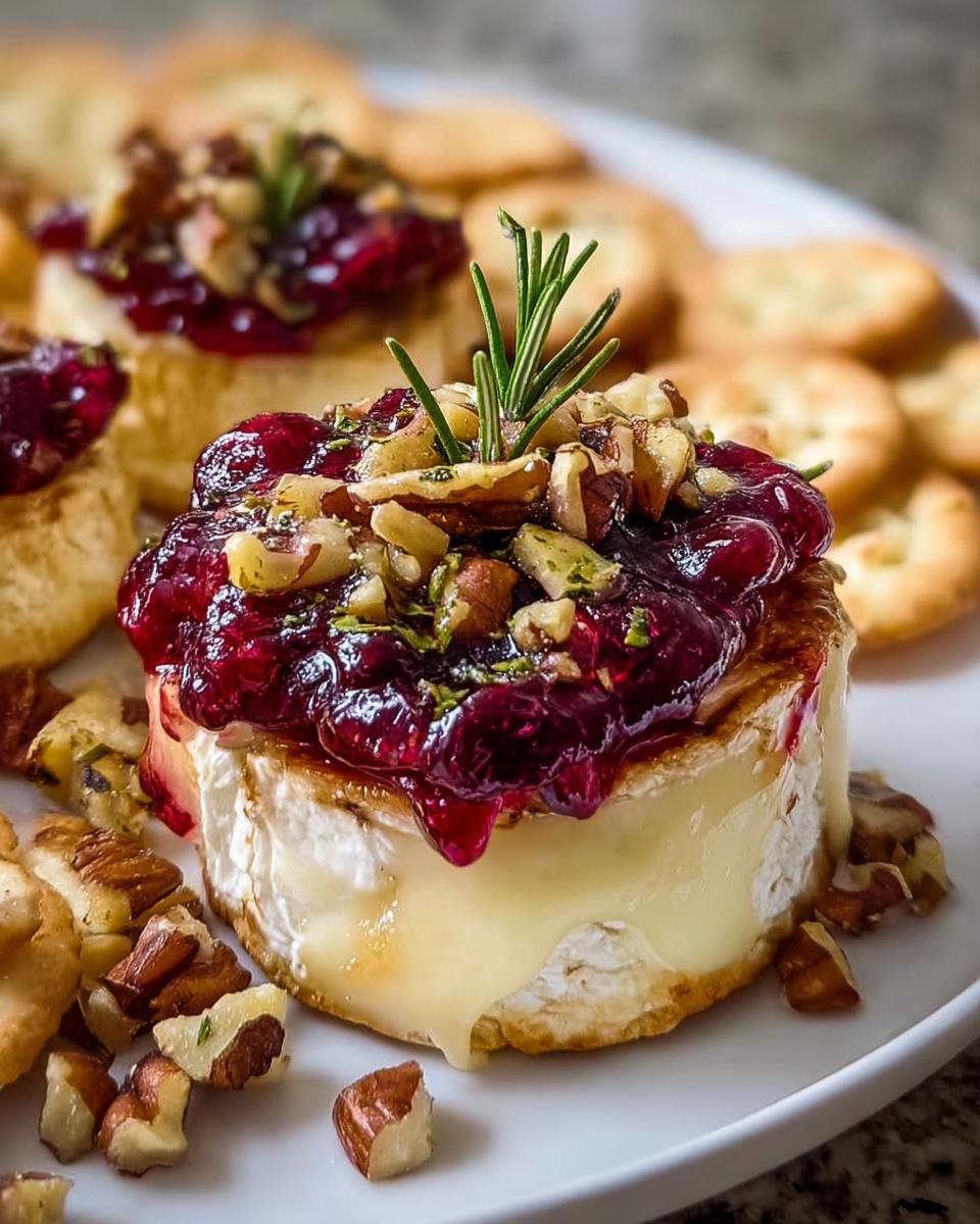Close-up of a warm Cranberry Brie Bite oozing melted cheese, topped with cranberry sauce, pecans, and rosemary.