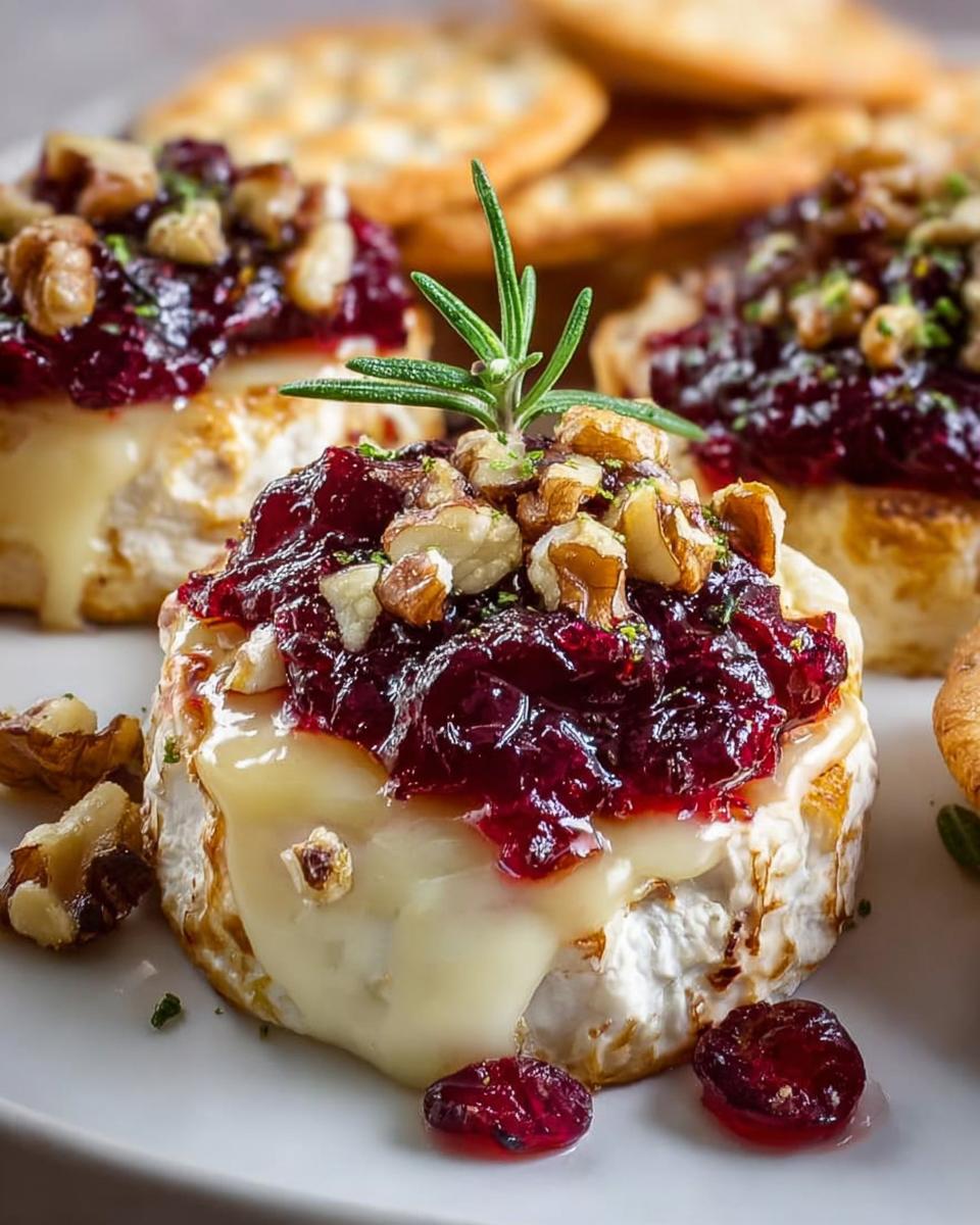 Close-up of a warm Cranberry Brie Bite topped with cranberry sauce, walnuts, and rosemary.