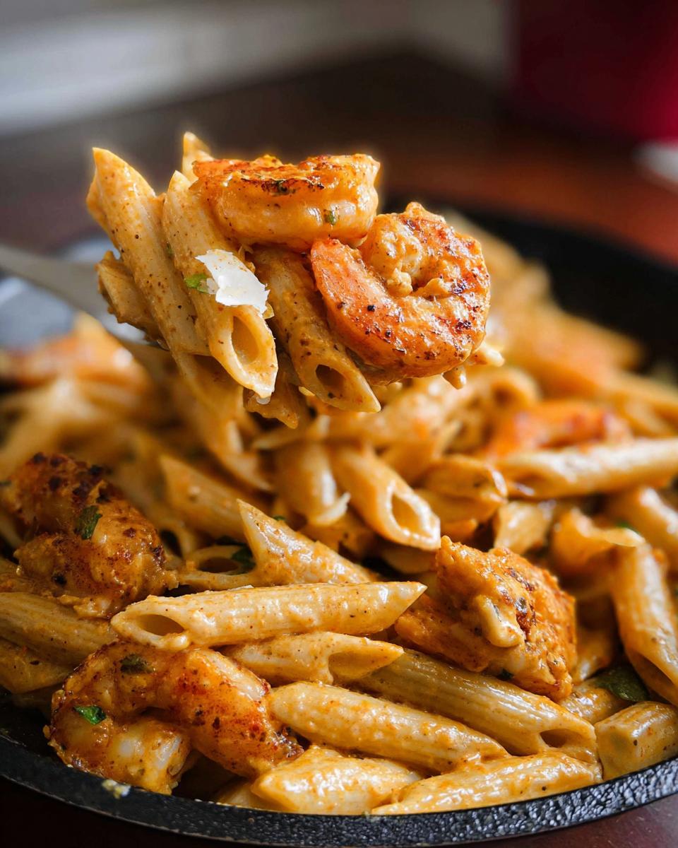 A fork lifting penne pasta coated in creamy sauce and seasoned shrimp from a bowl of Cajun Shrimp Pasta Recipe.