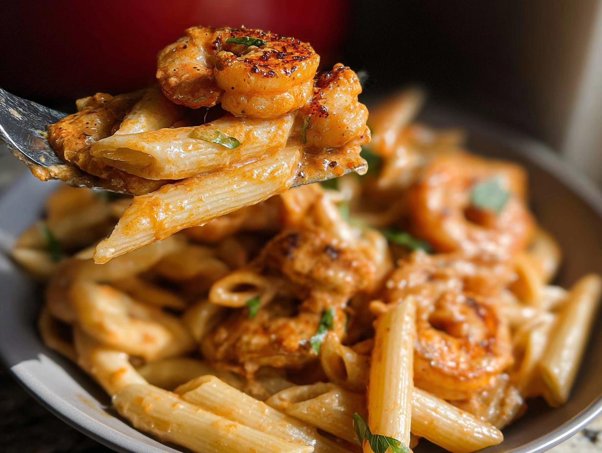 A fork lifting a bite of creamy Cajun Shrimp Pasta, featuring penne pasta and seasoned shrimp.