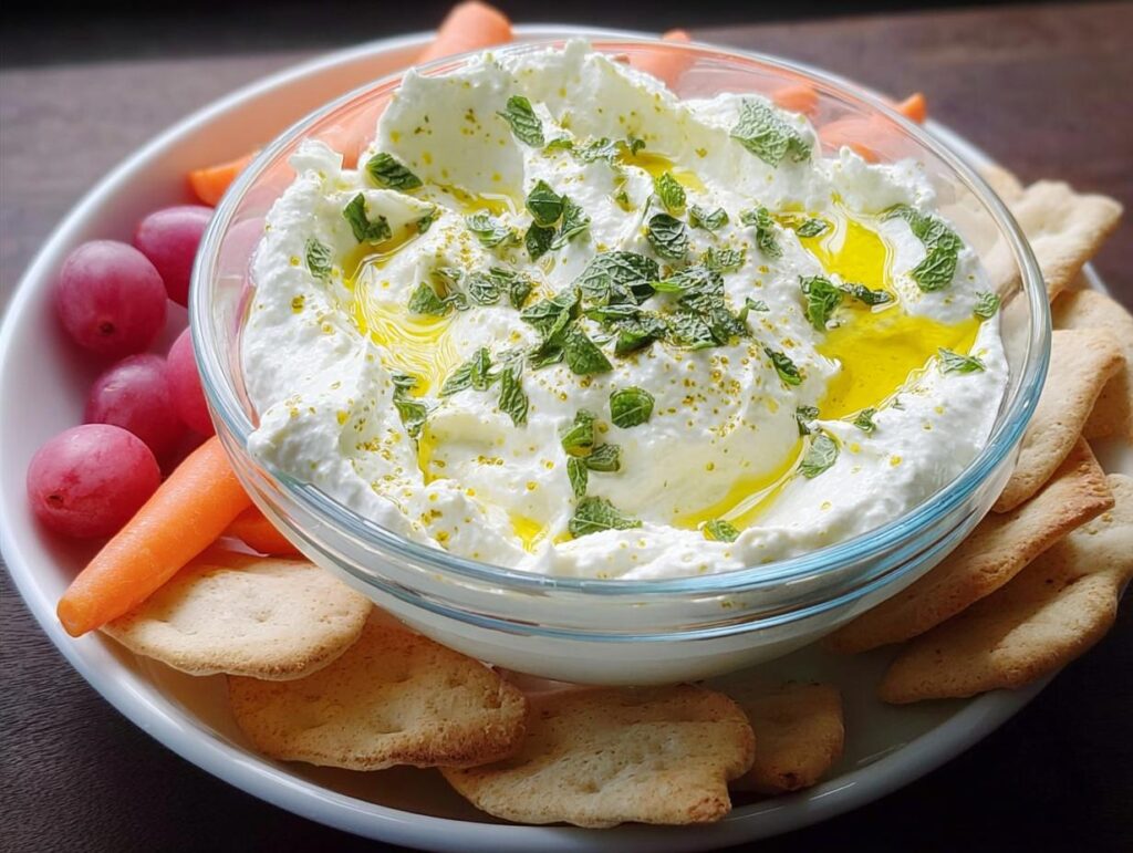 A bowl of creamy white dip topped with fresh mint and olive oil, served with pita chips, carrots, and grapes as one of the 25 Best NYE Snacks for a Crowd.