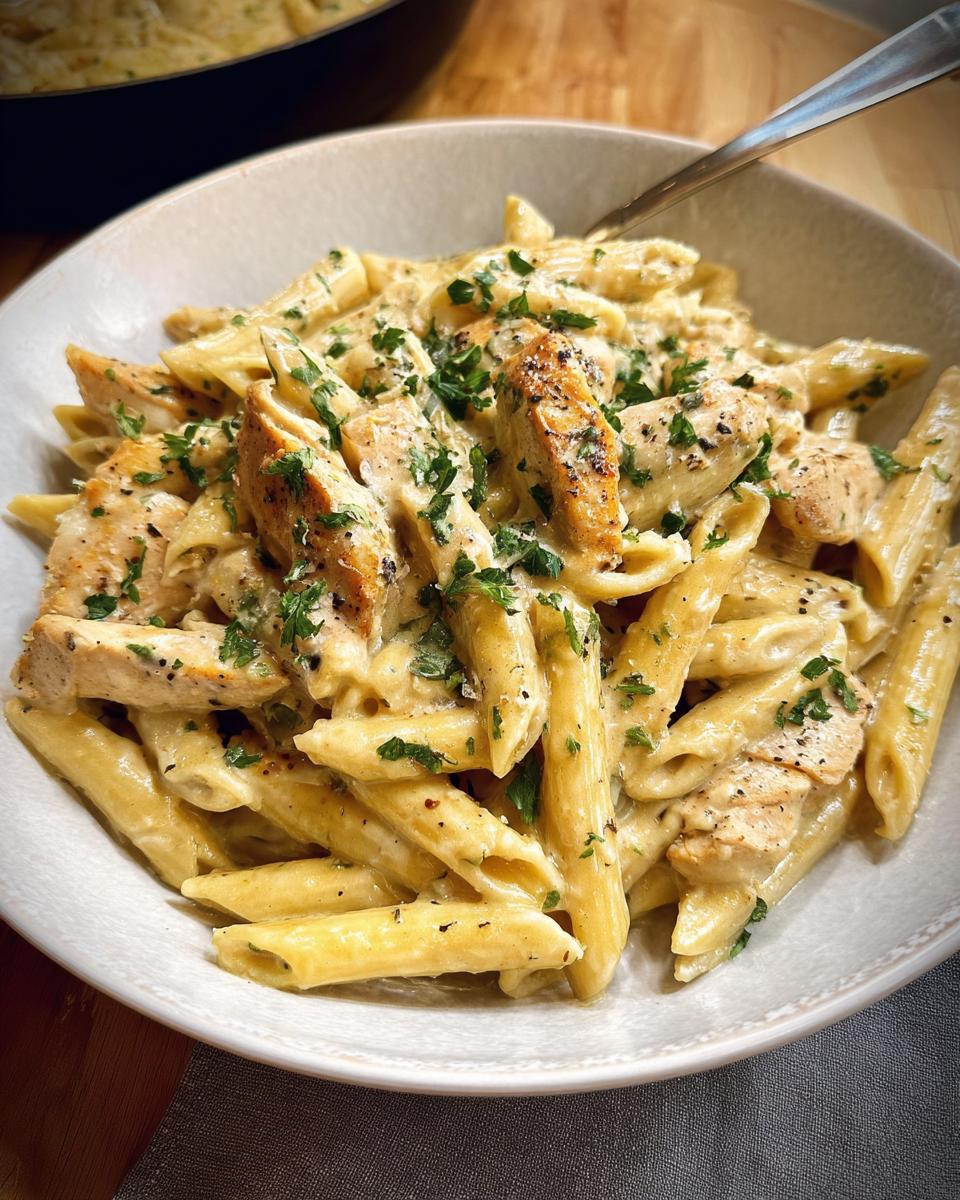 Close-up of a bowl filled with Creamy Garlic Parmesan Chicken Pasta, topped with fresh parsley.