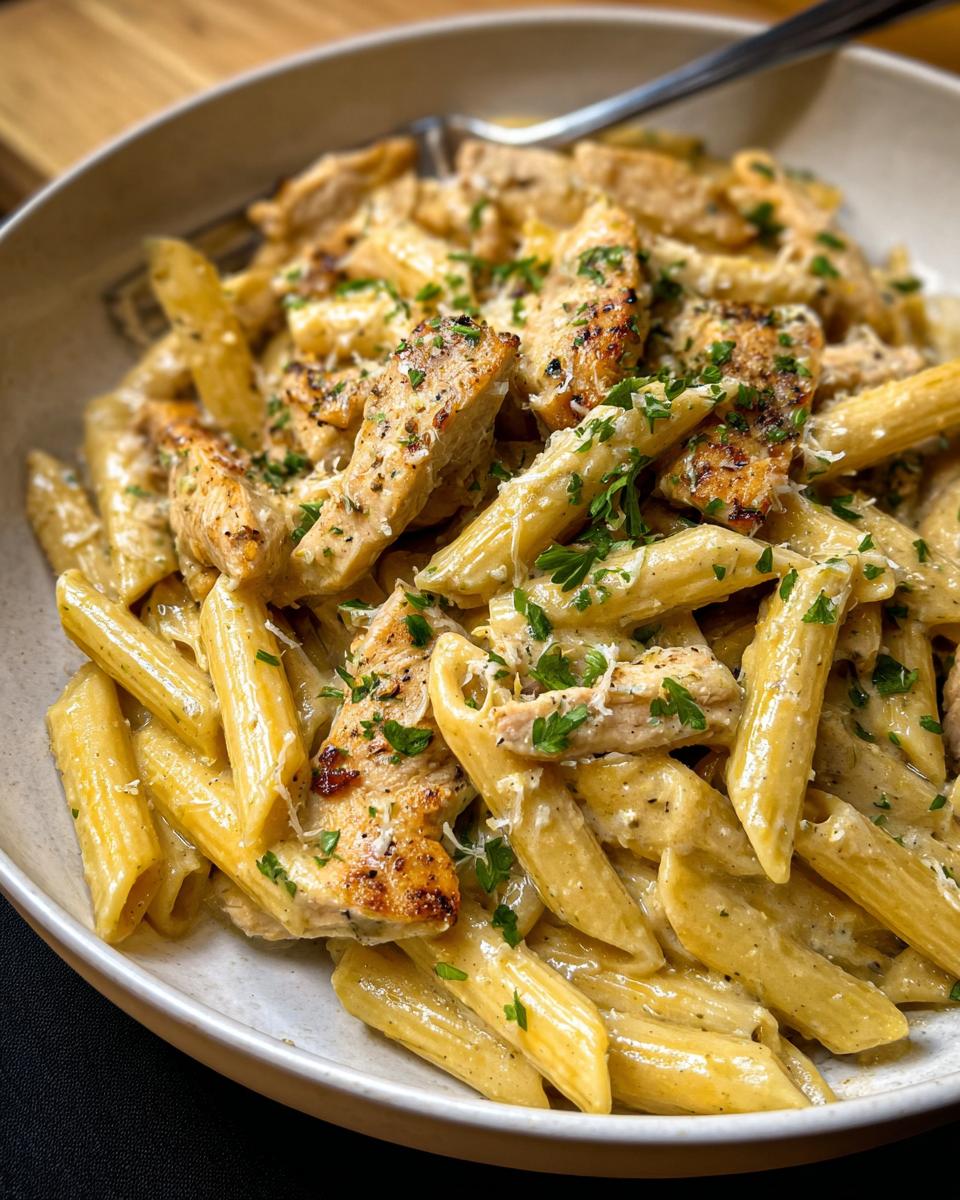 Close-up of Creamy Garlic Parmesan Chicken Pasta featuring penne coated in sauce with sliced chicken breast and parsley.