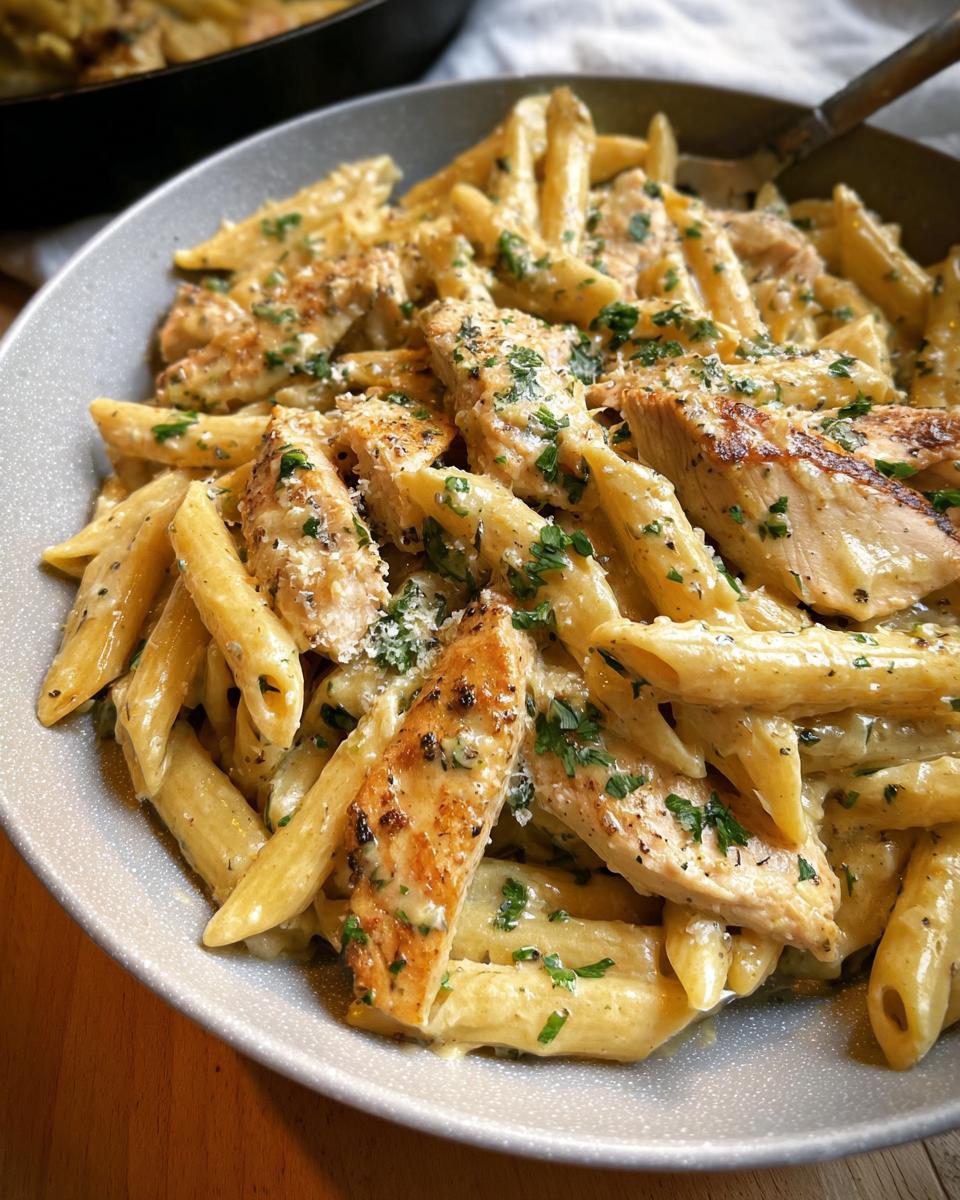 Close-up of Creamy Garlic Parmesan Chicken Pasta featuring penne pasta and sliced grilled chicken.