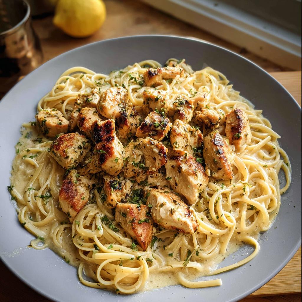 A close-up of Creamy Garlic Parmesan Chicken Pasta featuring linguine tossed in a rich sauce and topped with seasoned chicken pieces.