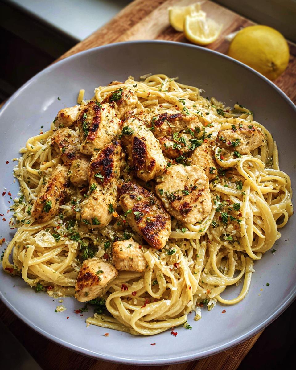 A bowl filled with Creamy Garlic Parmesan Chicken Pasta topped with grilled chicken pieces and fresh parsley.