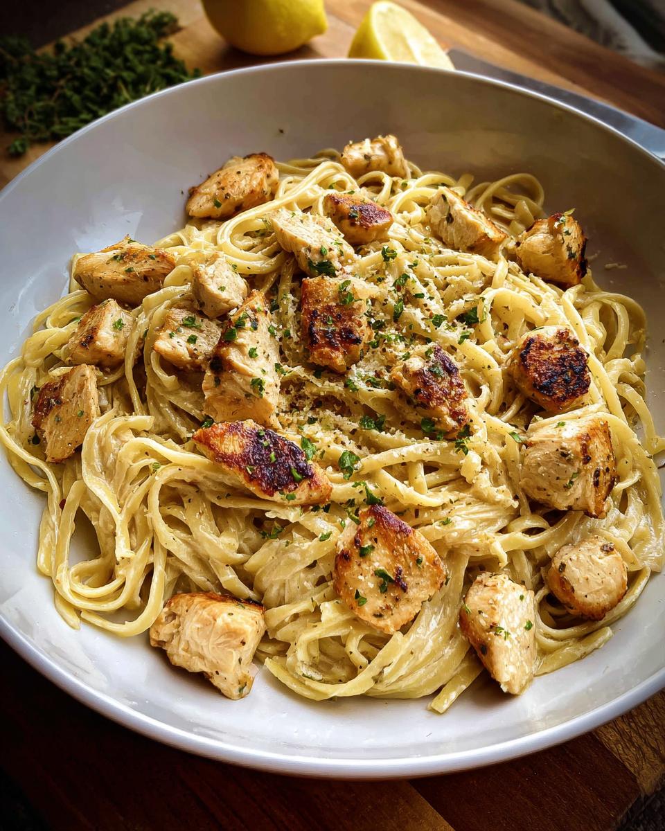 A white bowl filled with Creamy Garlic Parmesan Chicken Pasta topped with seared chicken pieces and parsley.