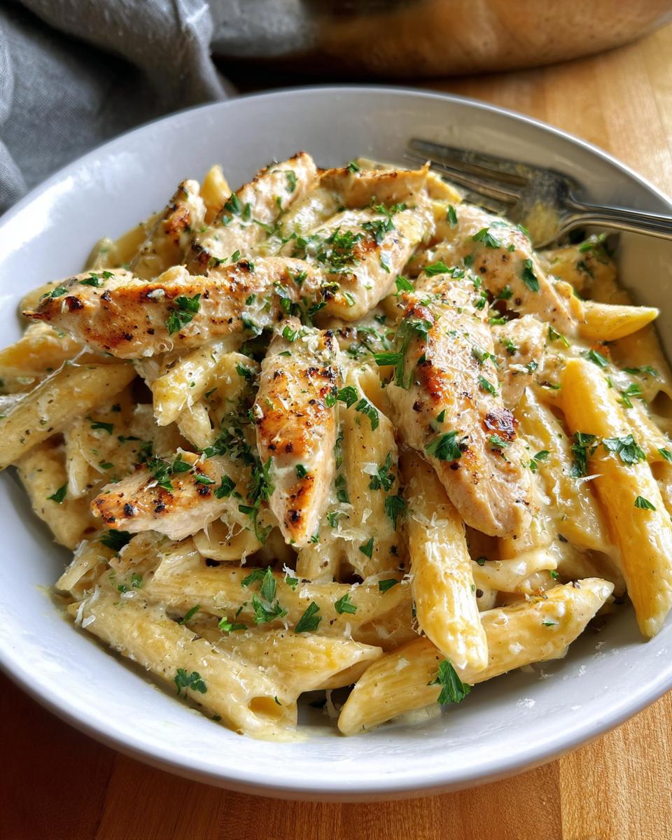 A close-up of Creamy Garlic Parmesan Chicken Pasta featuring penne, grilled chicken strips, and parsley garnish.