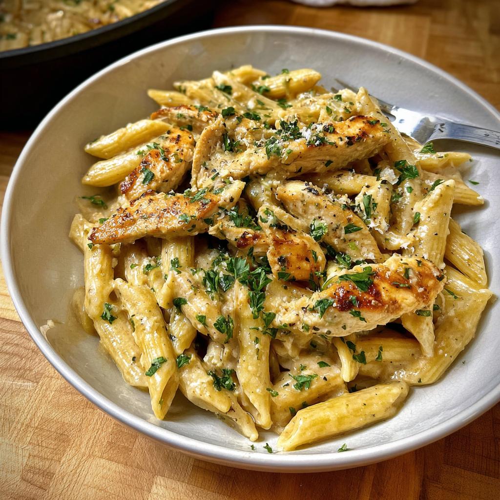 A close-up of a bowl filled with Creamy Garlic Parmesan Chicken Pasta, topped with sliced chicken and fresh parsley.