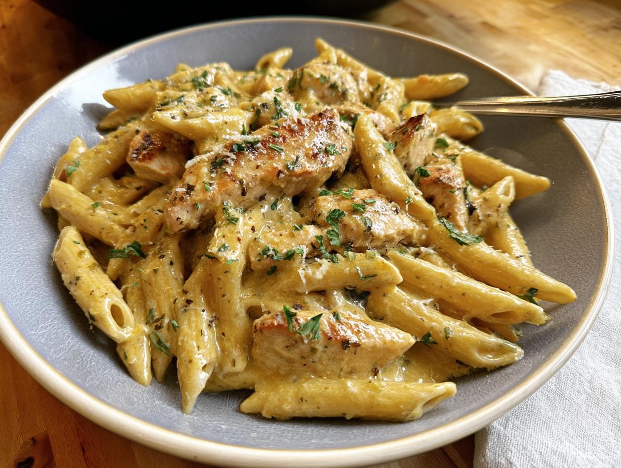 A close-up of Creamy Garlic Parmesan Chicken Pasta featuring penne coated in a rich sauce with browned chicken pieces and parsley.