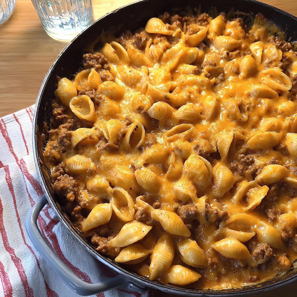 Close-up of a skillet filled with shell pasta, ground beef, and melted cheddar cheese, ready to serve for Creamy Hamburger Skillet.