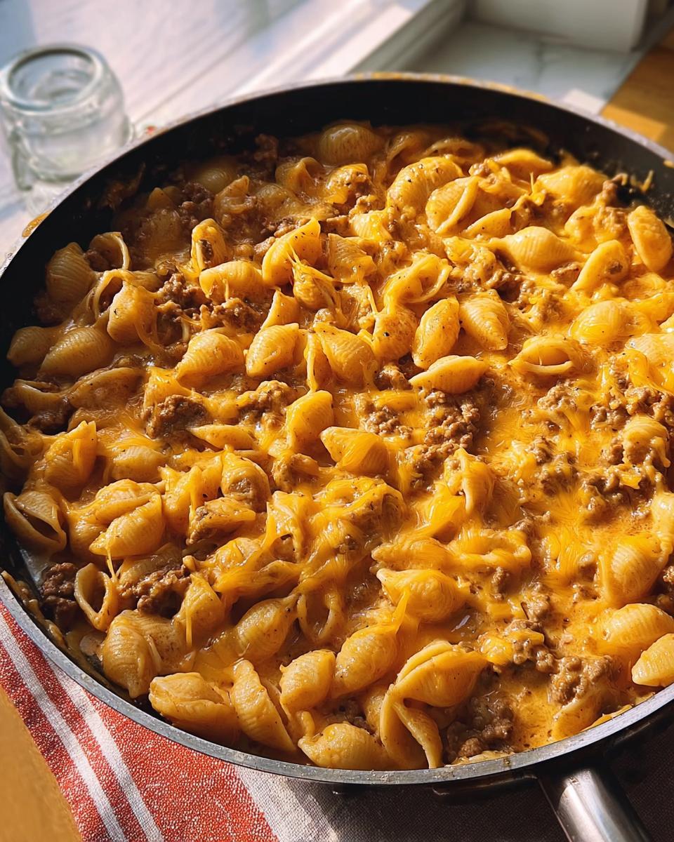 Close-up of a skillet filled with creamy hamburger skillet mixture, featuring shell pasta and melted cheddar cheese.