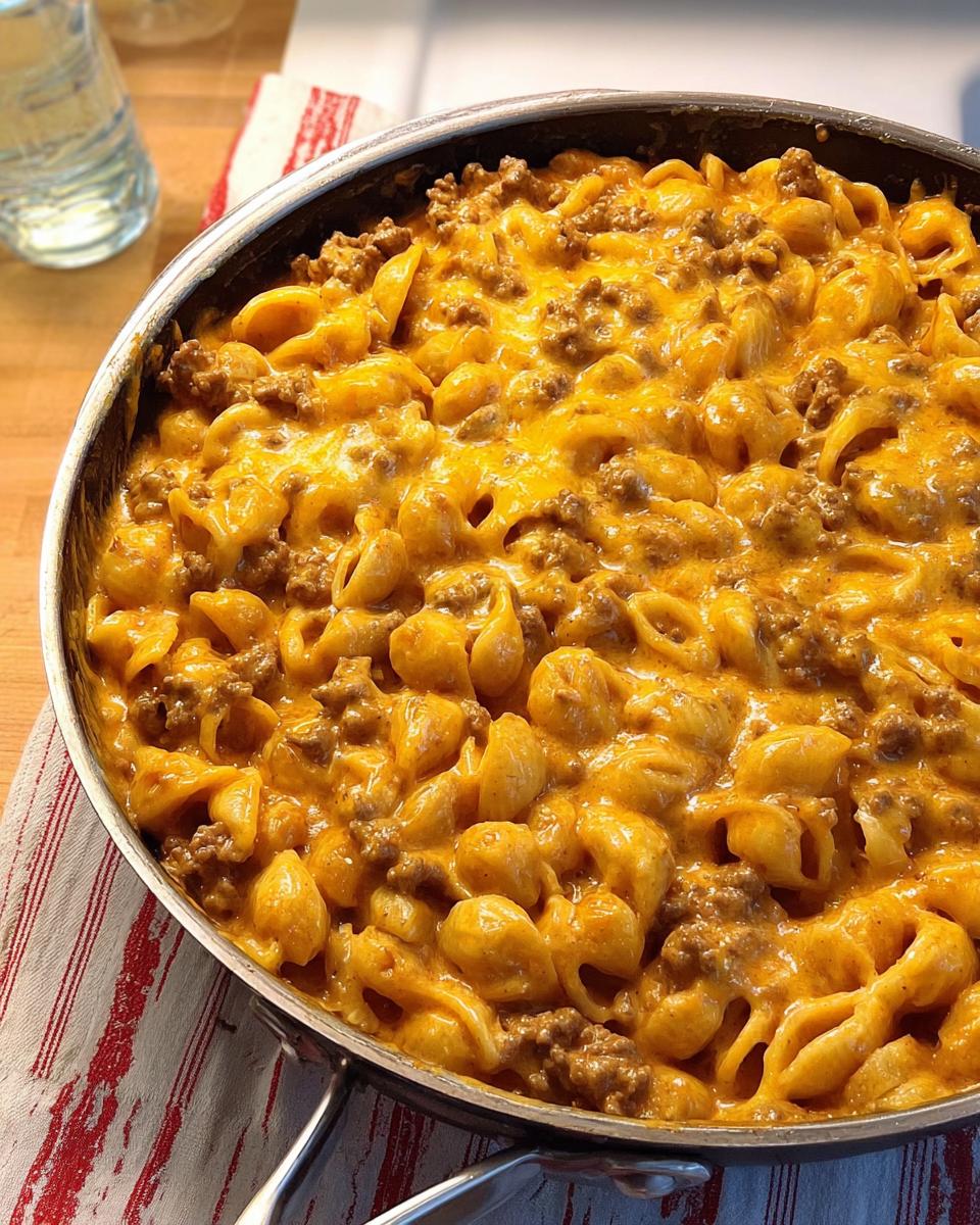 A close-up of a skillet filled with cheesy pasta, ground beef, and rich sauce, representing the Creamy Hamburger Skillet.