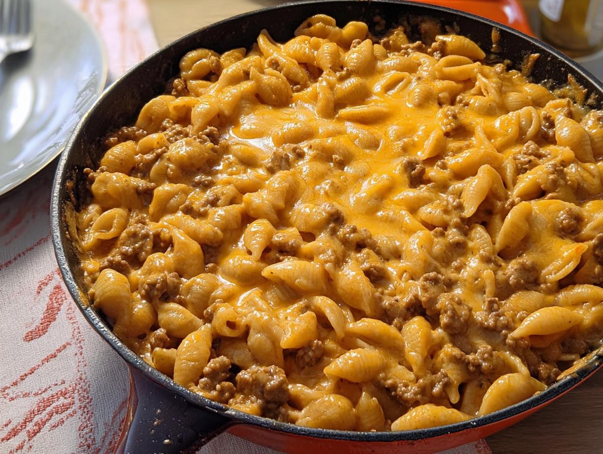 A close-up of a skillet filled with creamy hamburger skillet, featuring shell pasta mixed with ground beef and melted cheddar cheese.