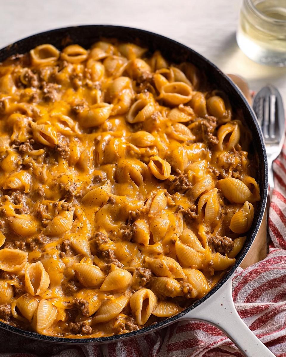 Close-up of a skillet filled with cheesy Creamy Hamburger Skillet made with shell pasta and ground beef.