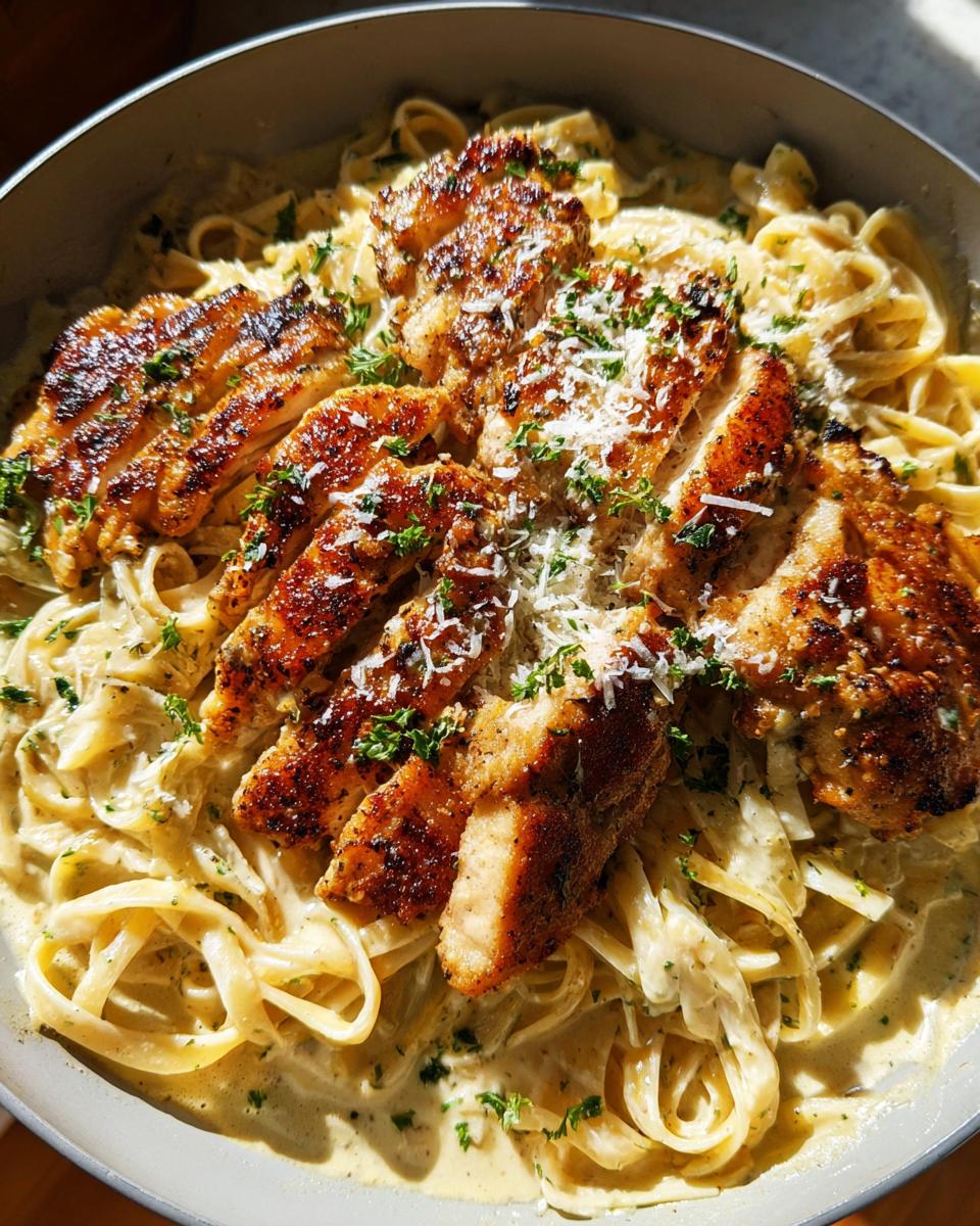 Close-up of Creamy Lemon Chicken Pasta topped with sliced, seasoned chicken breast and grated Parmesan.