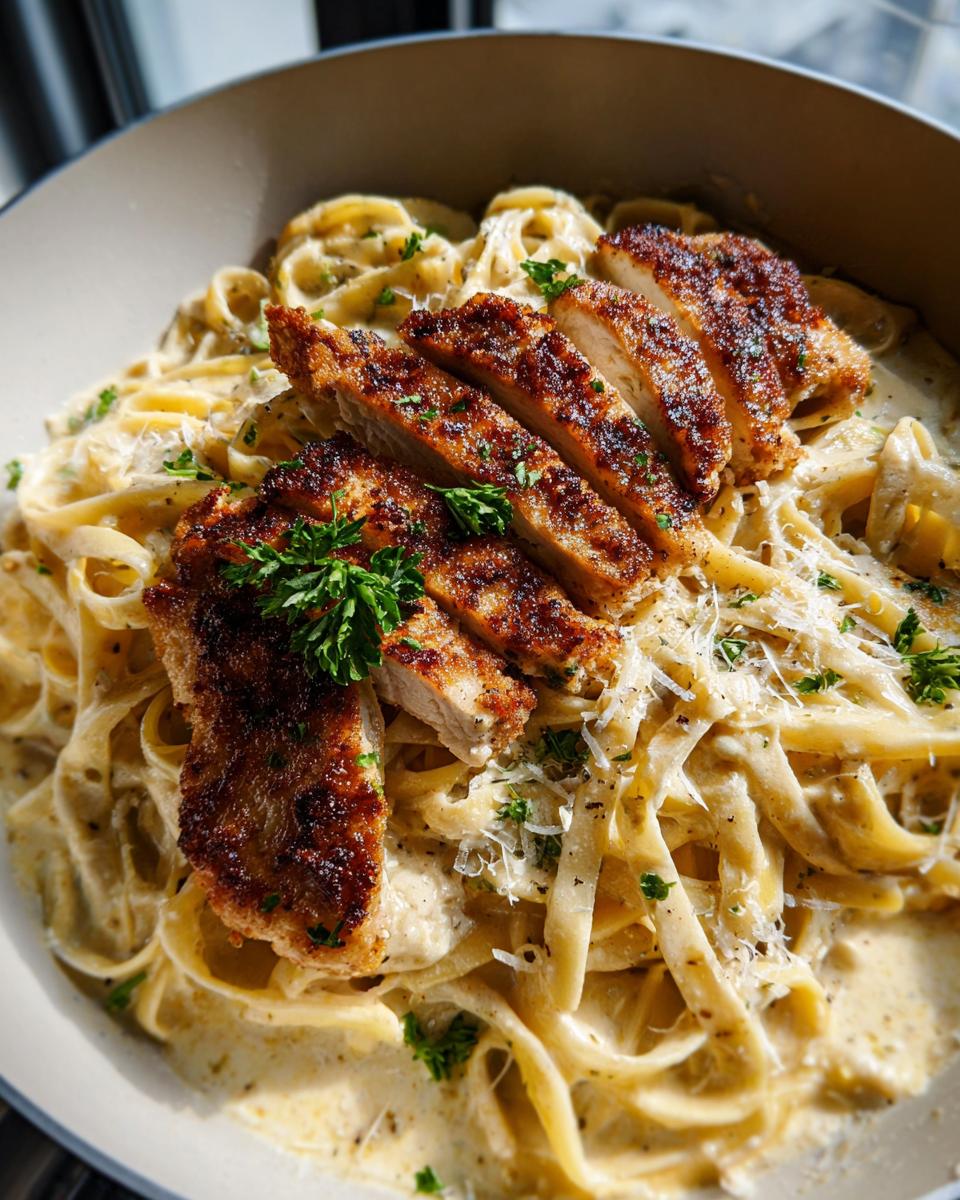 Close-up of fettuccine pasta coated in a rich, creamy sauce, topped with sliced, seasoned chicken breast for Creamy Lemon Chicken Pasta.