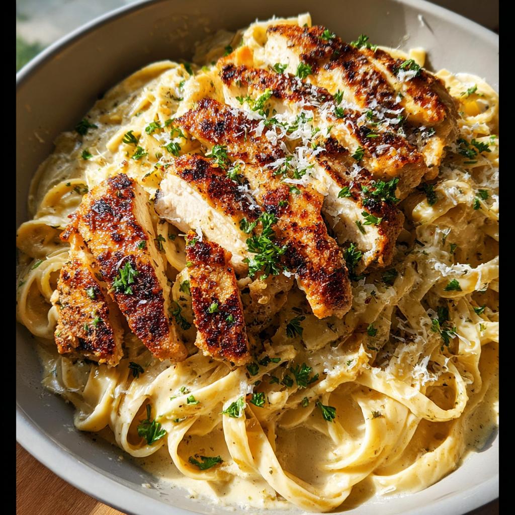 A bowl of rich Creamy Lemon Chicken Pasta featuring fettuccine noodles topped with sliced, seared chicken breast and fresh parsley.