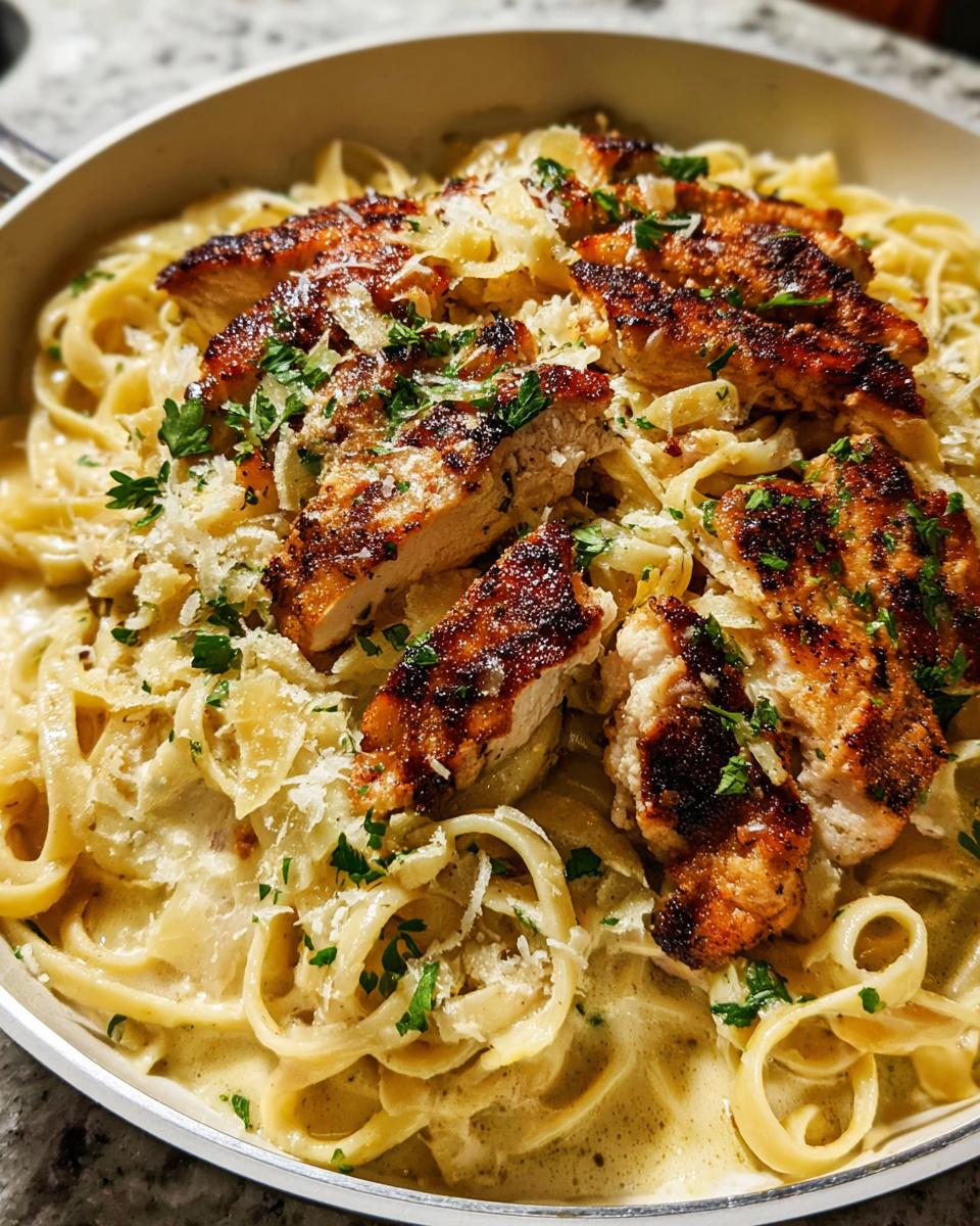 Close-up of Creamy Lemon Chicken Pasta featuring fettuccine tossed in a rich sauce, topped with sliced, seasoned chicken and Parmesan.