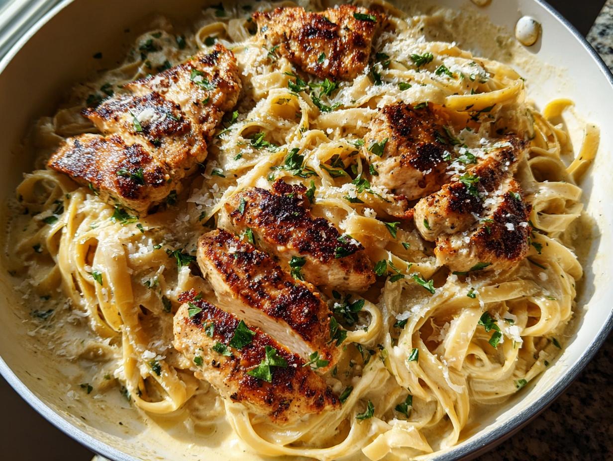 Close-up of Creamy Lemon Chicken Pasta with fettuccine, seared chicken pieces, and parsley garnish.