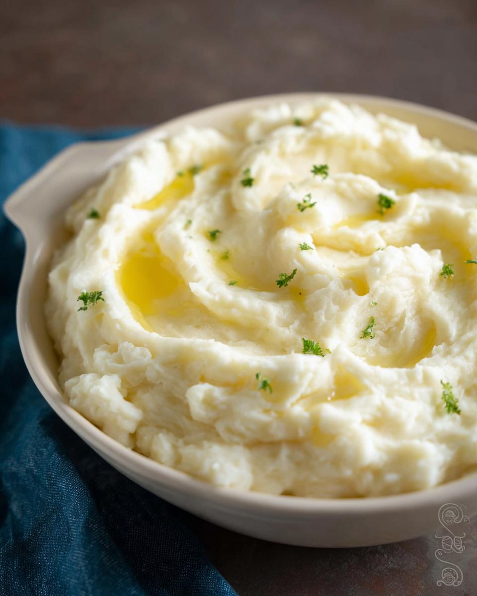 Close-up of a bowl filled with fluffy Creamy Mashed Potatoes, topped with melted butter pools and fresh parsley.