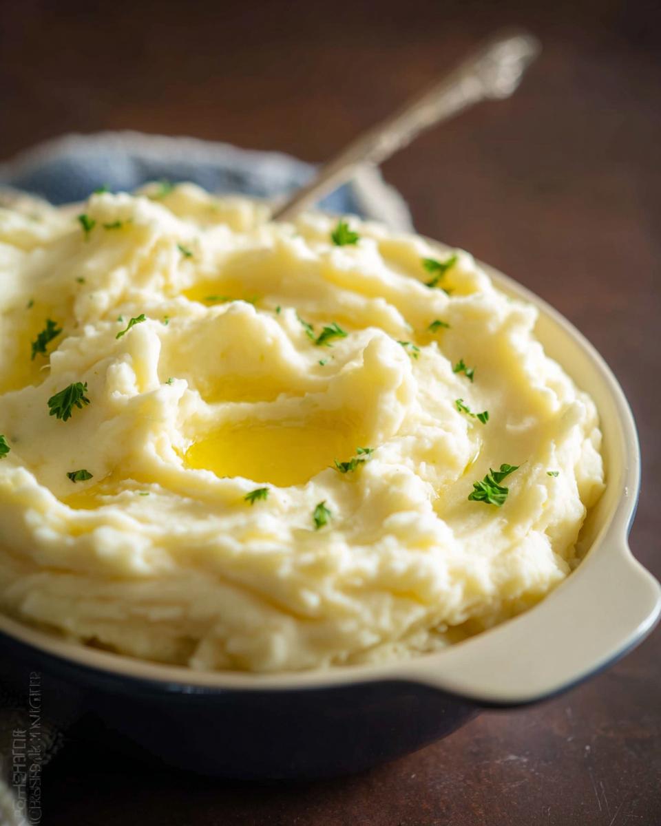 Close-up of a bowl filled with fluffy Creamy Mashed Potatoes, topped with pools of melted butter and fresh parsley.