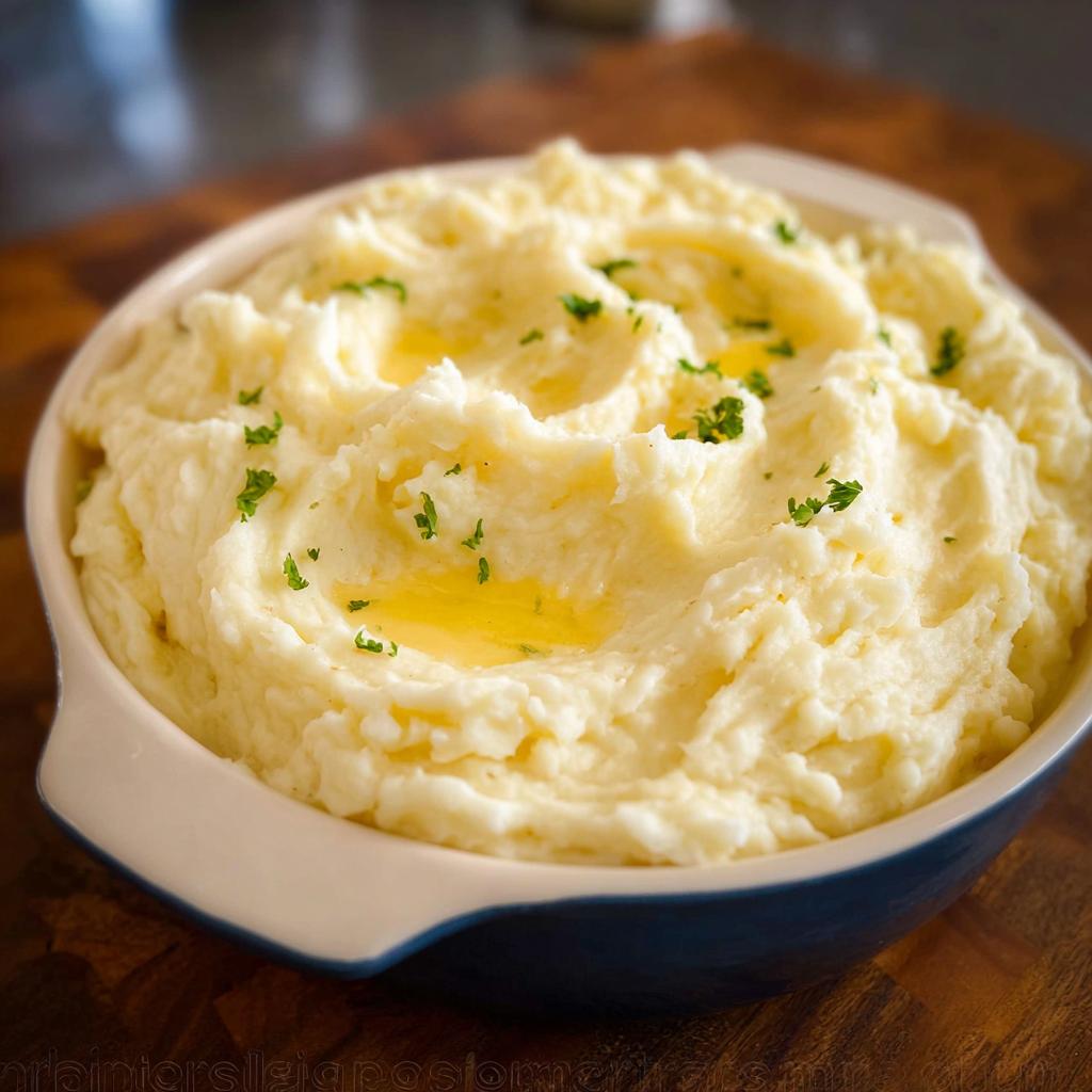 A close-up of fluffy Creamy Mashed Potatoes (Make Ahead) topped with melted butter pools and fresh parsley.
