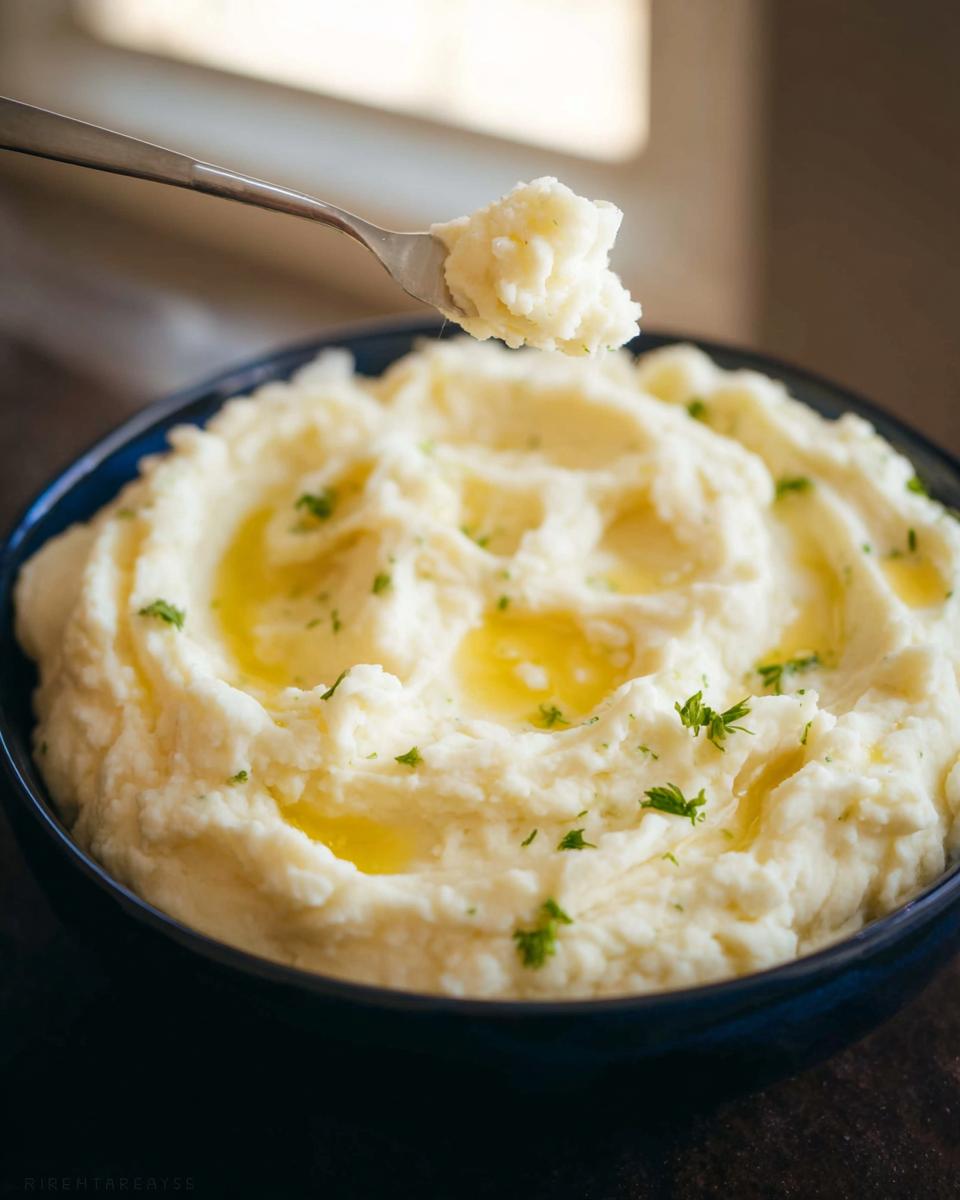 A fork lifts a bite of fluffy Creamy Mashed Potatoes topped with melted butter and parsley from a dark blue bowl.