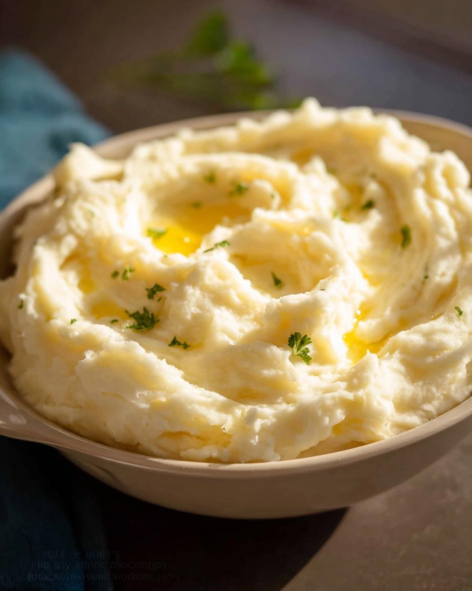 A close-up of a bowl filled with fluffy Creamy Mashed Potatoes topped with pools of melted butter and fresh parsley.