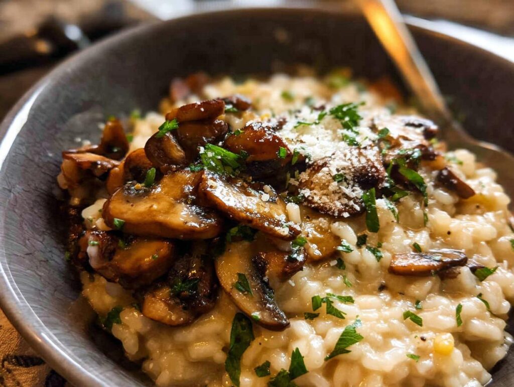 A close-up of a bowl of Creamy Mushroom Risotto topped with sautéed mushrooms, grated Parmesan, and fresh parsley.