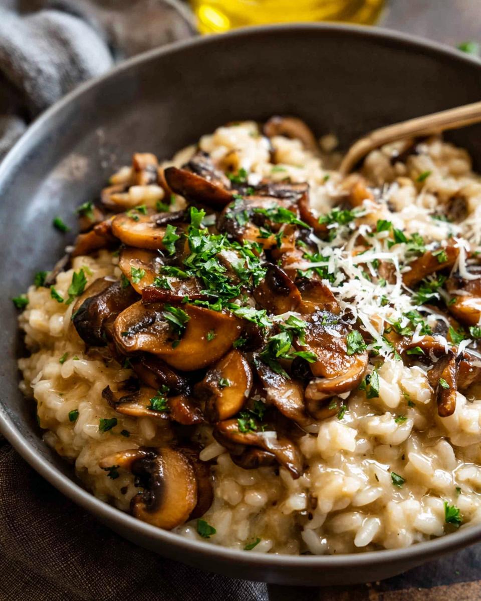 A bowl of creamy mushroom risotto topped with sautéed mushrooms and fresh parsley, sprinkled with parmesan cheese.