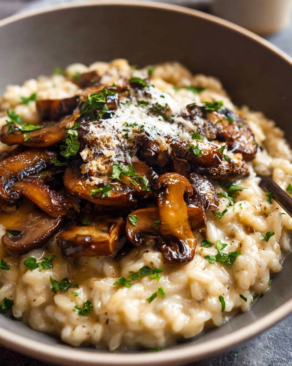 A close-up of a bowl of creamy mushroom risotto topped with sautéed mushrooms and fresh parsley, sprinkled with Parmesan cheese.