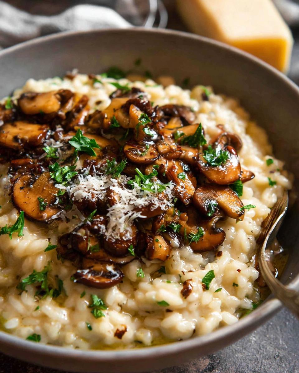 A close-up of a bowl of Creamy Mushroom Risotto topped with sautéed mushrooms and fresh parsley.
