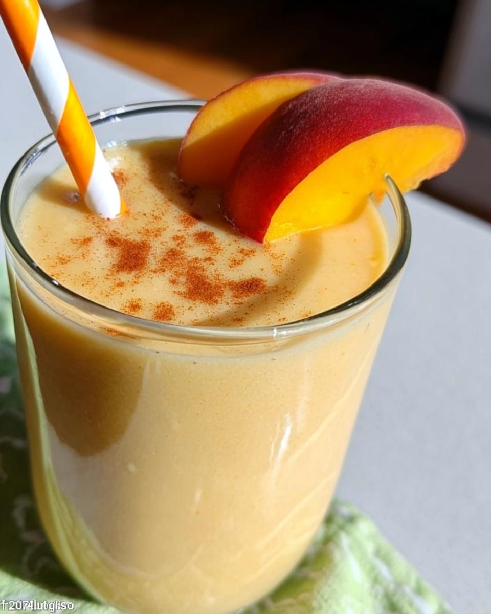 Close-up of a creamy Peach Yogurt Smoothie topped with cinnamon and fresh peach slices.